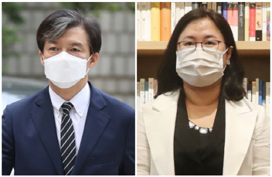 조국(왼쪽) 전 법무부 장관과 권경애 변호사. <연합뉴스>